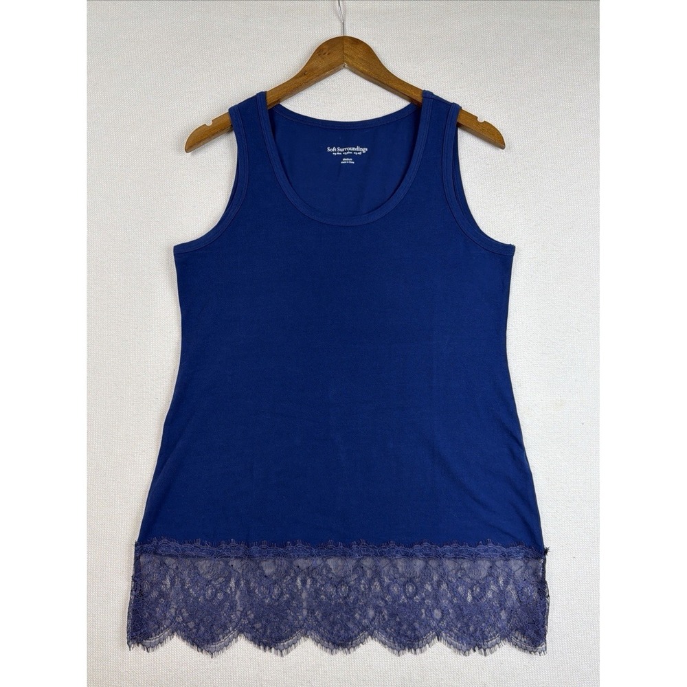 Soft Surroundings Women's Tank Top Lace Hem Size M Navy Blue Stretch Layer Piece